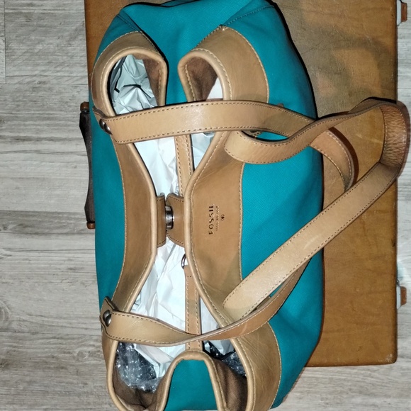 Vintage Fossil Turquoise Totale Bag Leather And Canvas - Picture 6 of 17